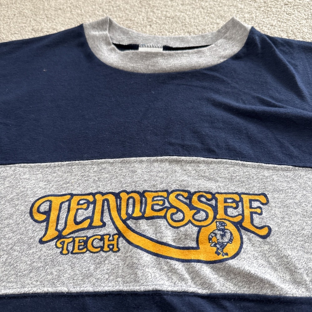 Vintage 80s Champion Tennessee Tech TTU Ringer T Shirt Blue L USA 50/50 - Picture 4 of 8